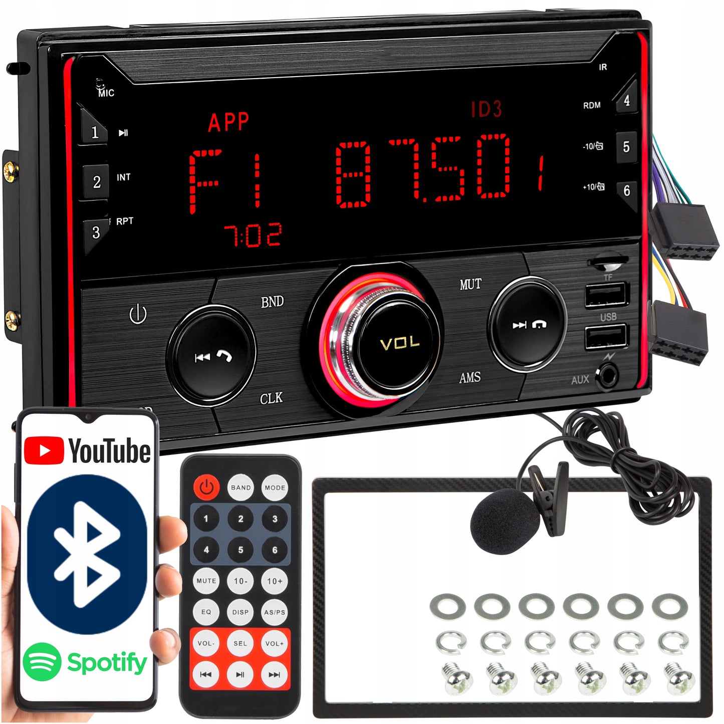 Automobilinis radijas 2-DIN Bluetooth USB SD RDS LCD RGB Mikrofonas Pilot