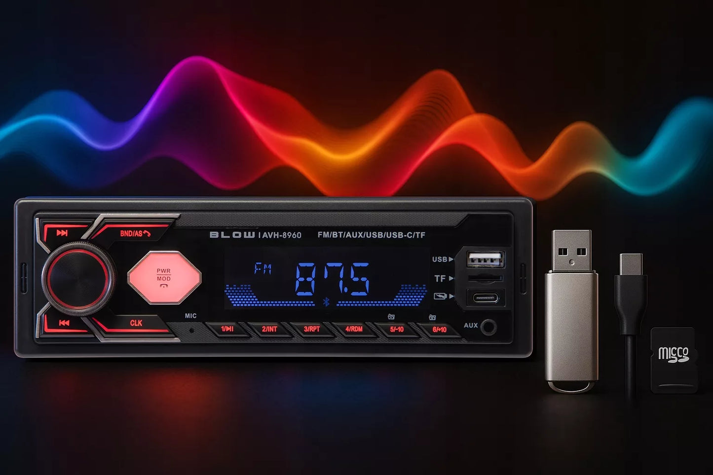 Automobilinis radijas BLUETOOTH 1-DIN RDS USB-C AUX RCA SD MP3 LCD MIKROFONAS