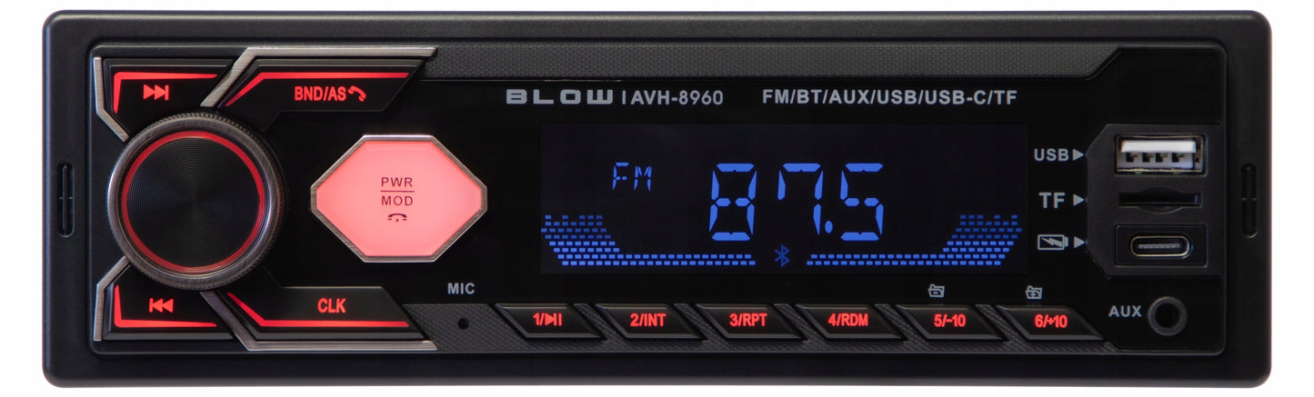 Automobilinis radijas BLUETOOTH 1-DIN RDS USB-C AUX RCA SD MP3 LCD MIKROFONAS