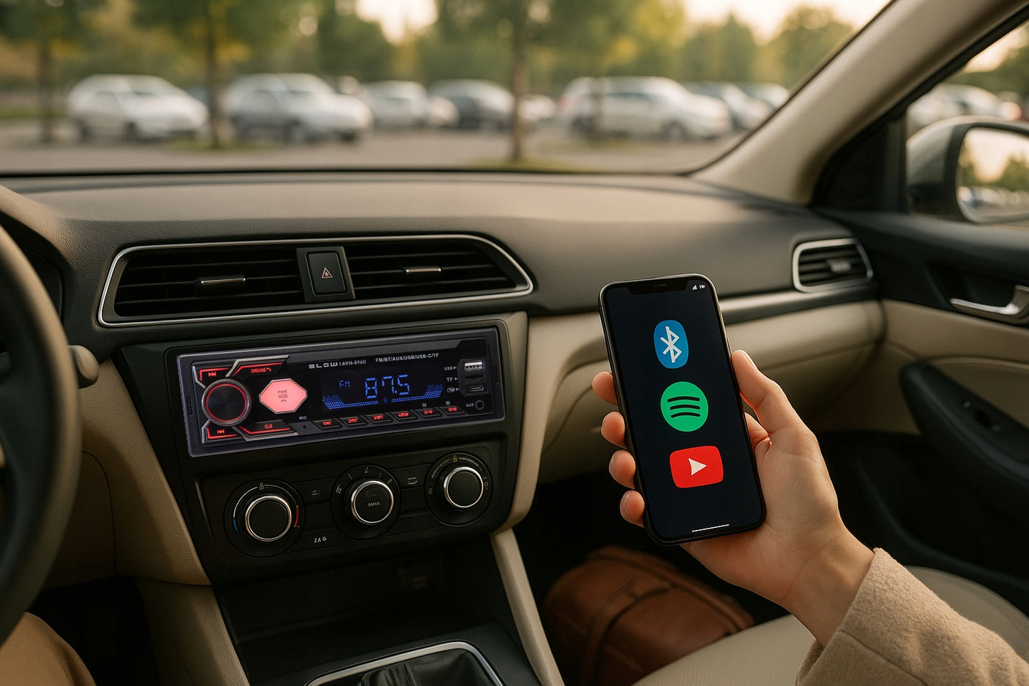 Automobilinis radijas BLUETOOTH 1-DIN RDS USB-C AUX RCA SD MP3 LCD MIKROFONAS