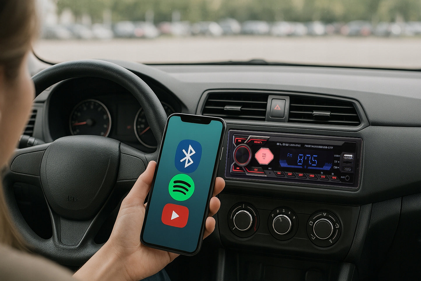 Automobilinis radijas BLUETOOTH 1-DIN RDS USB-C AUX RCA SD MP3 LCD MIKROFONAS