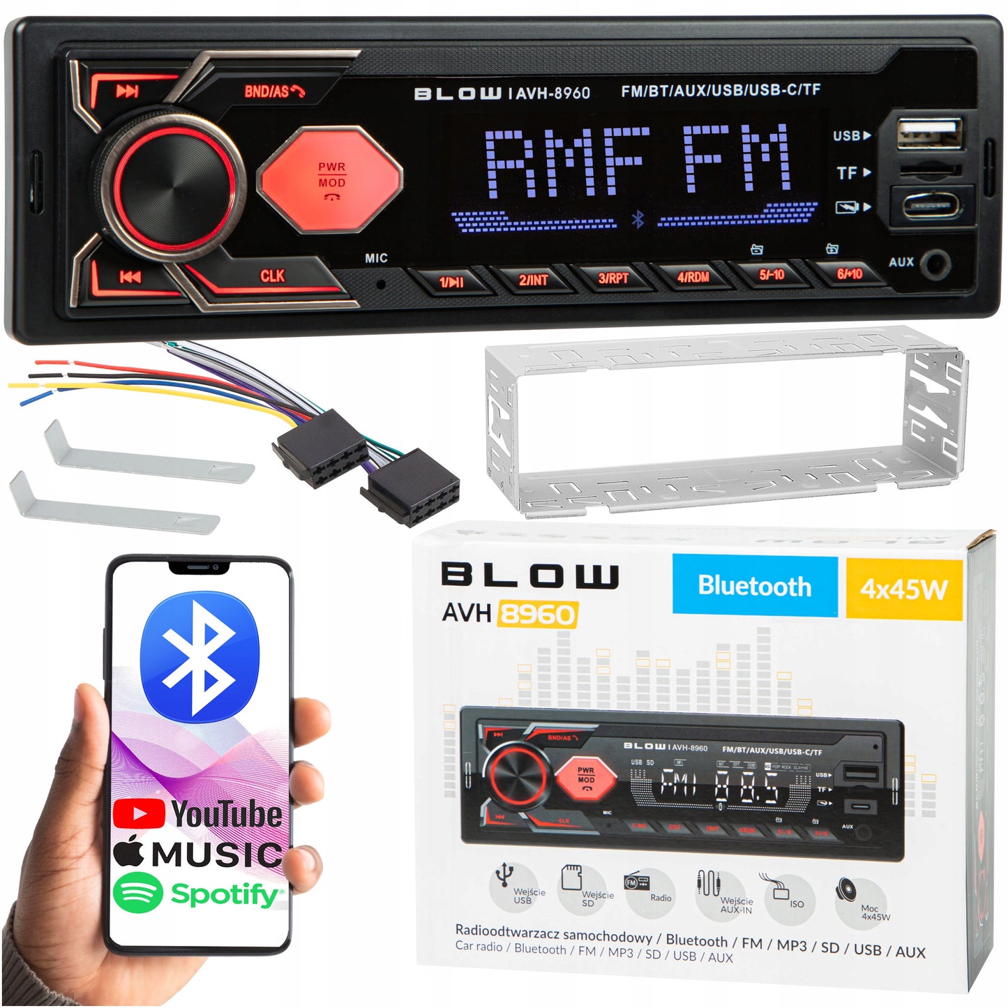 Automobilinis radijas BLUETOOTH 1-DIN RDS USB-C AUX RCA SD MP3 LCD MIKROFONAS