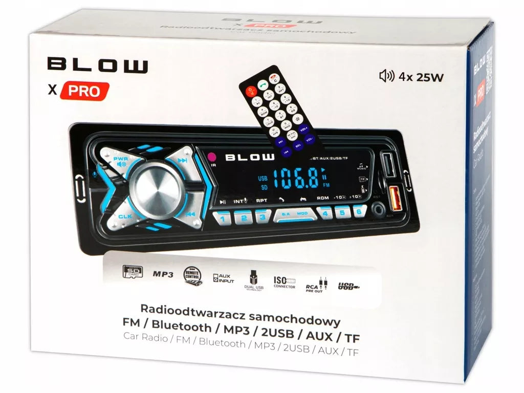 Automobilio radijas su Bluetooth, 1-DIN, USB, AUX, SD, mikrofonas, nuotolinio valdymo pultas, baterija, komplektas