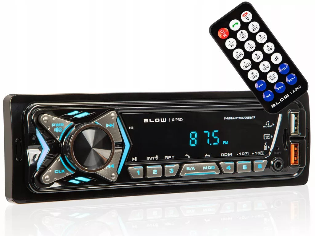 Automobilio radijas su Bluetooth, 1-DIN, USB, AUX, SD, mikrofonas, nuotolinio valdymo pultas, baterija, komplektas