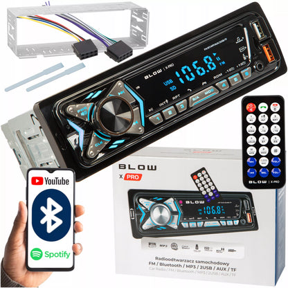 Automobilio radijas su Bluetooth, 1-DIN, USB, AUX, SD, mikrofonas, nuotolinio valdymo pultas, baterija, komplektas