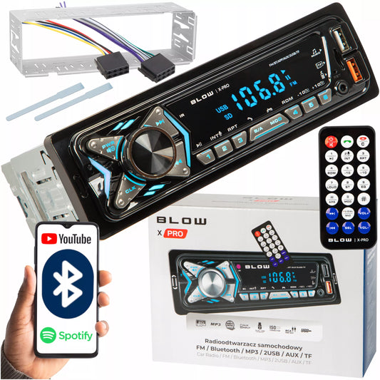 Automobilio radijas su Bluetooth, 1-DIN, USB, AUX, SD, mikrofonas, nuotolinio valdymo pultas, baterija, komplektas