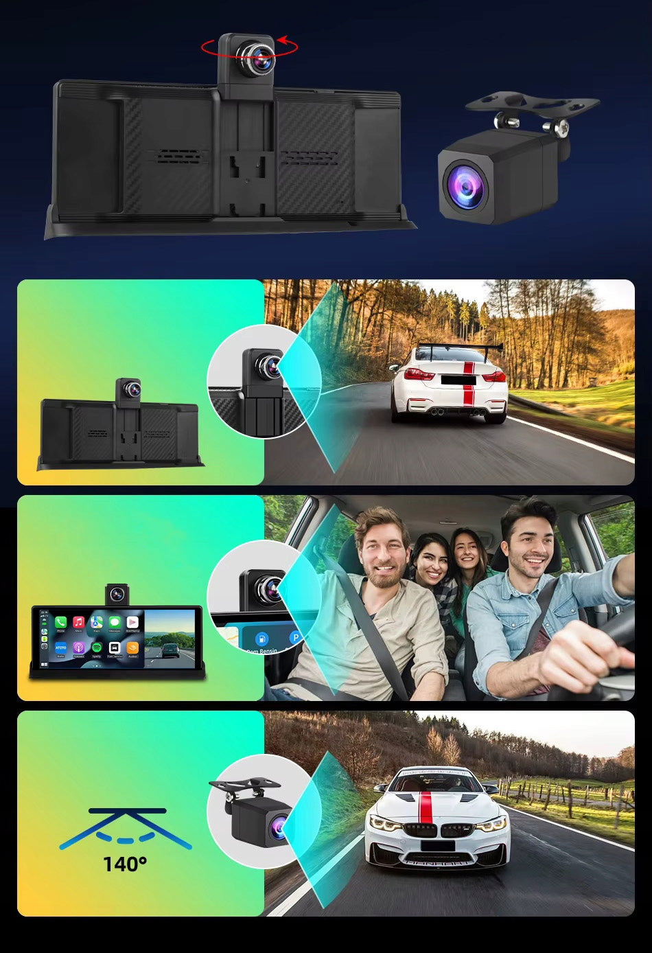 Automobilinė radijo stotelė su monitoriumi, CarPlay, kamera, Android Auto, multimedijos stotis