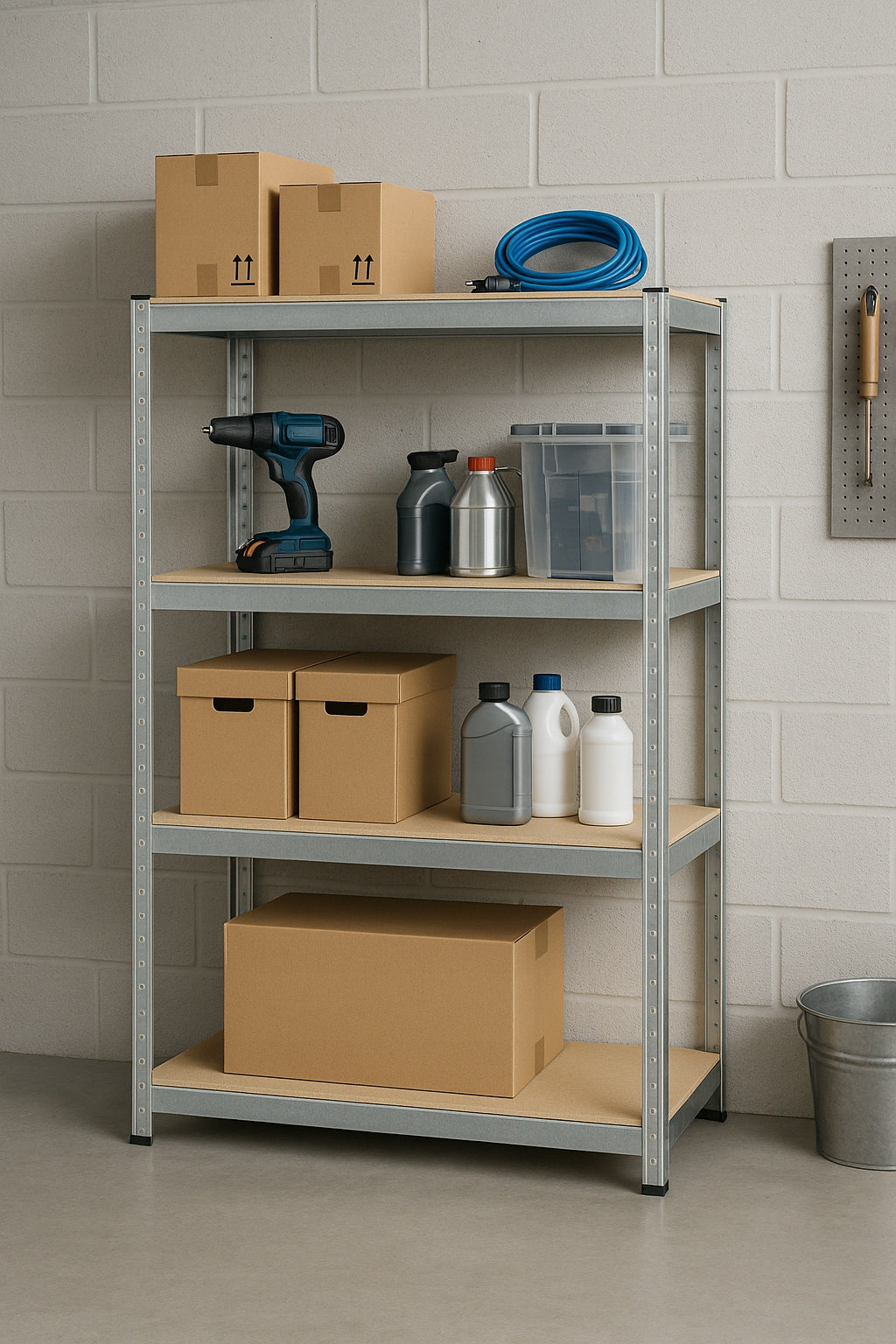 METALINIS SANDĖLIAVIMO STELAŽAS 150x75x30cm 4 MDF LENTYNOS 150kg 600kg GARAŽUI