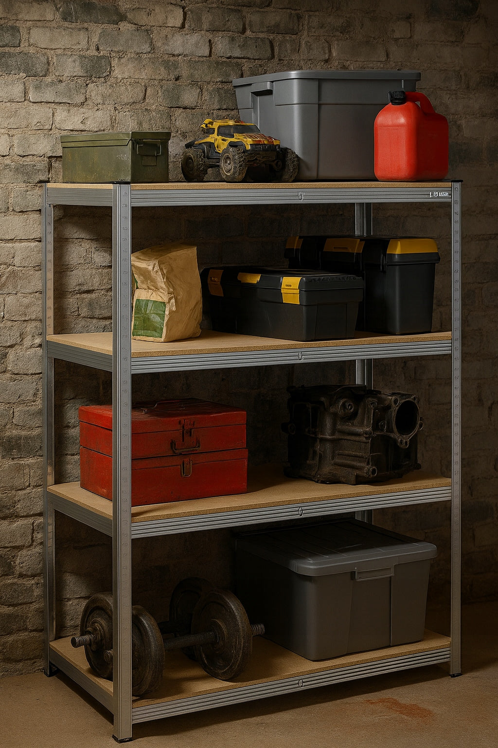 METALINIS SANDĖLIAVIMO STELAŽAS 150x75x30cm 4 MDF LENTYNOS 150kg 600kg GARAŽUI