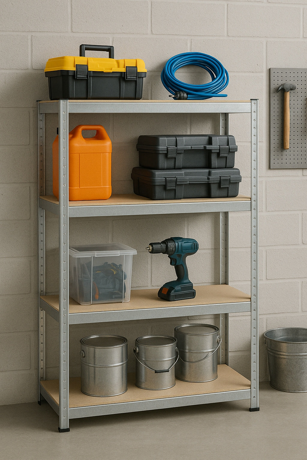 METALINIS SANDĖLIAVIMO STELAŽAS 150x75x30cm 4 MDF LENTYNOS 150kg 600kg GARAŽUI