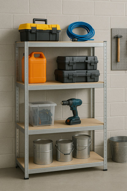 METALINIS SANDĖLIAVIMO STELAŽAS 150x75x30cm 4 MDF LENTYNOS 150kg 600kg GARAŽUI