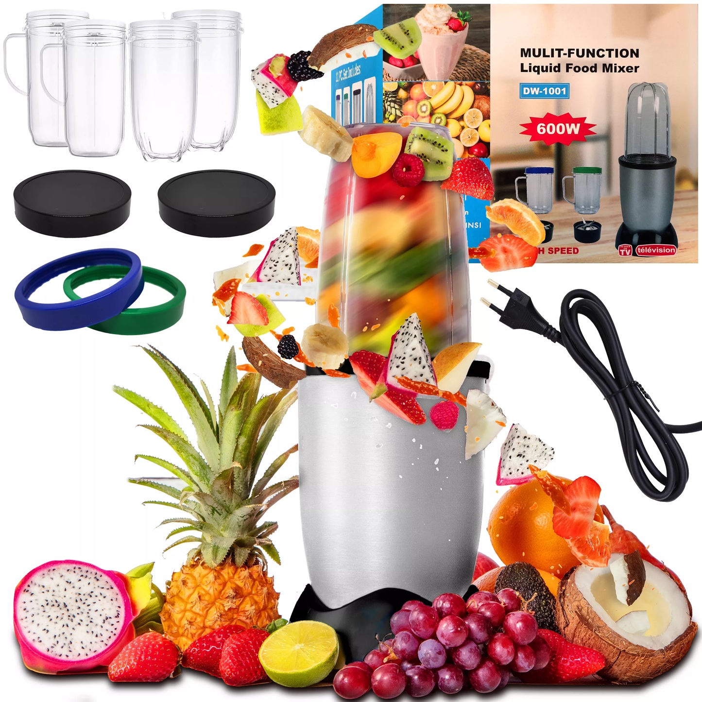 Daugiafunkcis virtuvinis kombainas-blenderis su ąsočiu, 600W, + 2 dideli 470 ml puodeliai