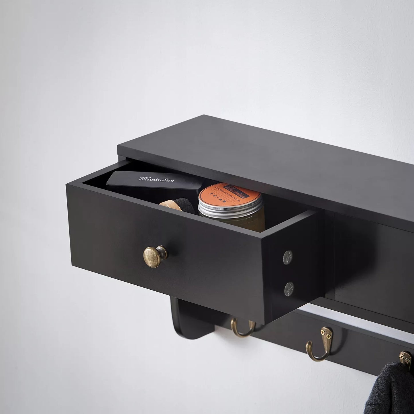 Sieninė lentyna su 5 kabliukais, 2 stalčiais ir rankšluosčių laikikliu, voniai FRG178-SCH