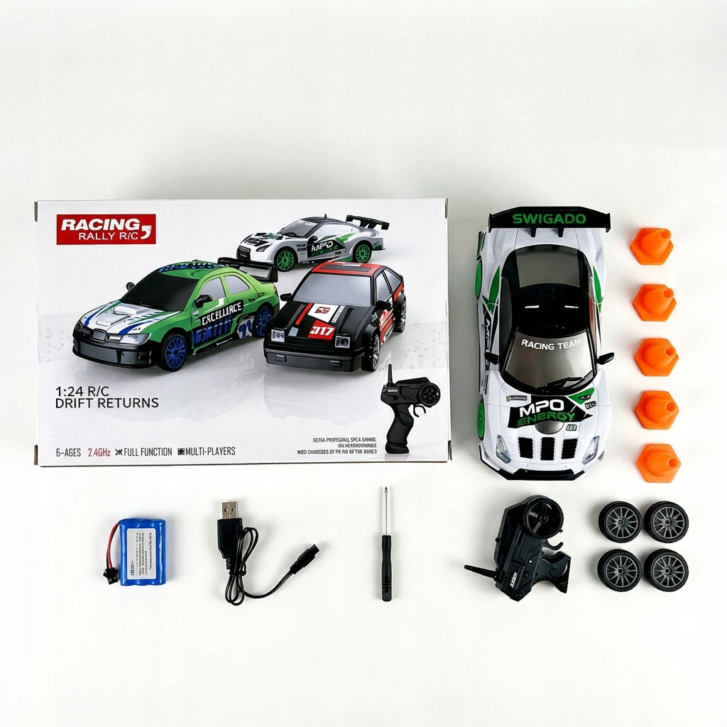 NUOTREBEOVALDOMAS 4X4 AUTOMOBILIS DRIFTUI, LENKTYNININKAS, VALDOMAS PILOTU SU LED RC