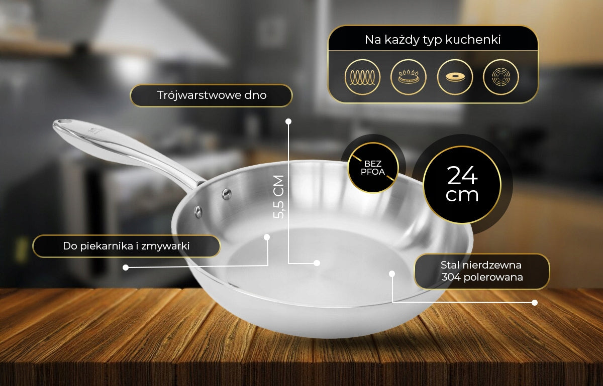 SHIORI Nerūdijančio plieno 304 keptuvė be dangos, indukcinė, 24 cm, skirta plauti indaplovėje