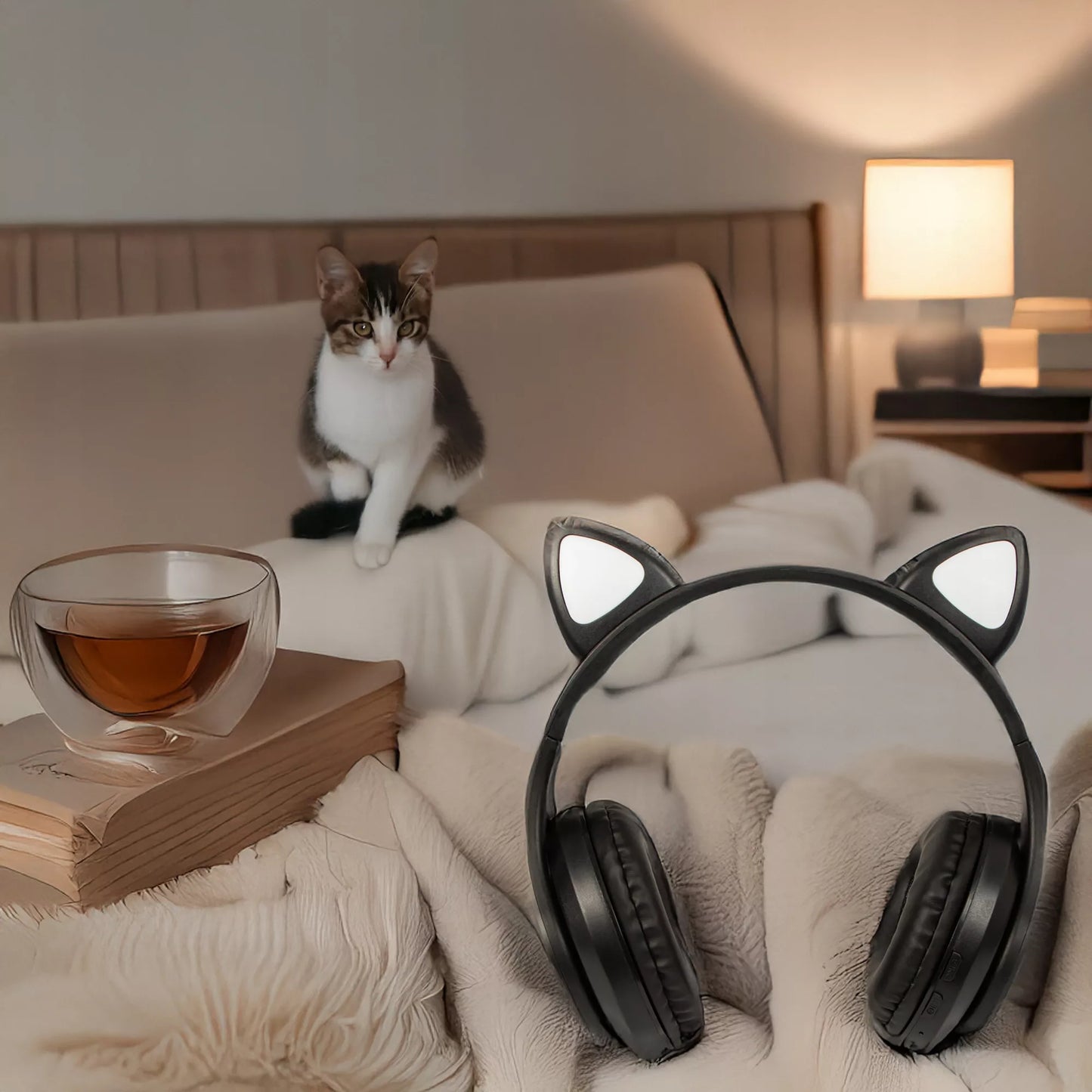 Belaidės ausinės vaikams Bluetooth, mikrofonas, katės ausytės, LED RGB
