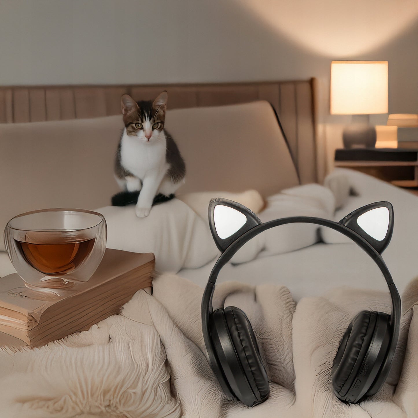 Belaidės ausinės vaikams Bluetooth, mikrofonas, katės ausytės, LED RGB