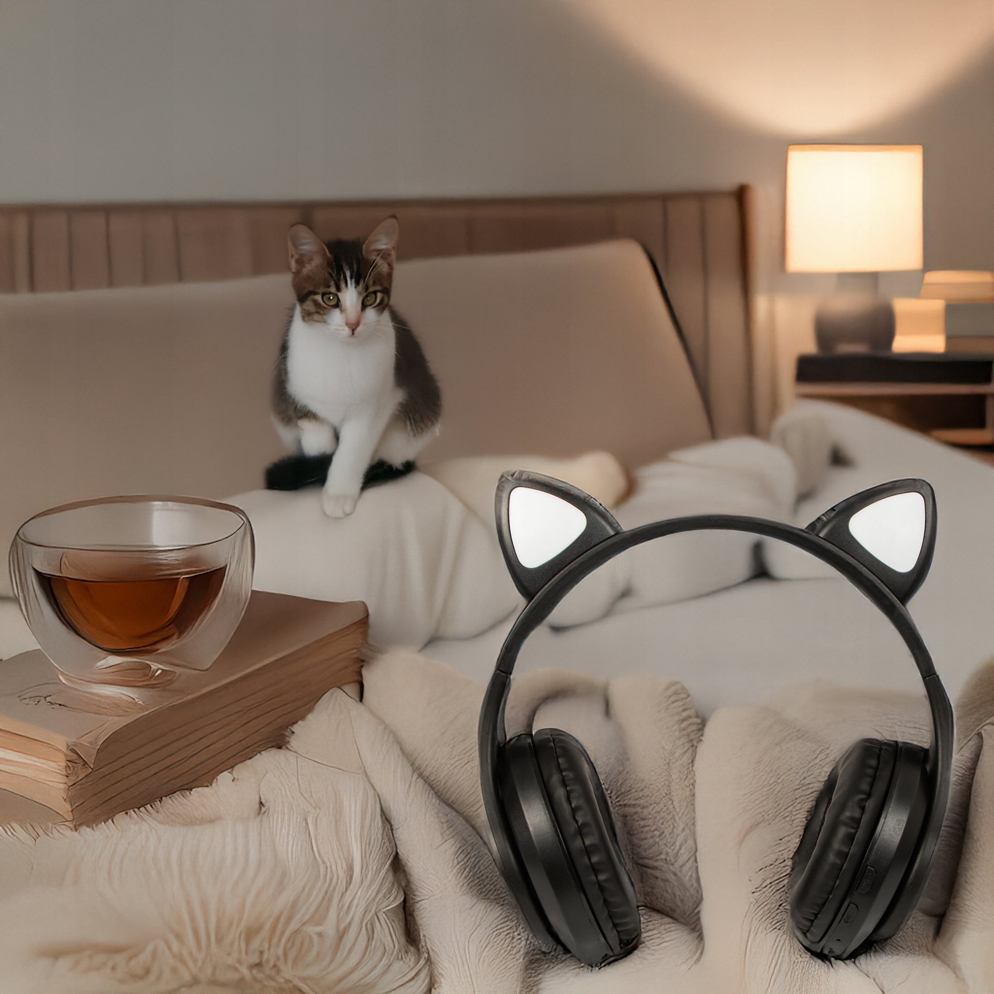 Belaidės ausinės vaikams Bluetooth, mikrofonas, katės ausytės, LED RGB