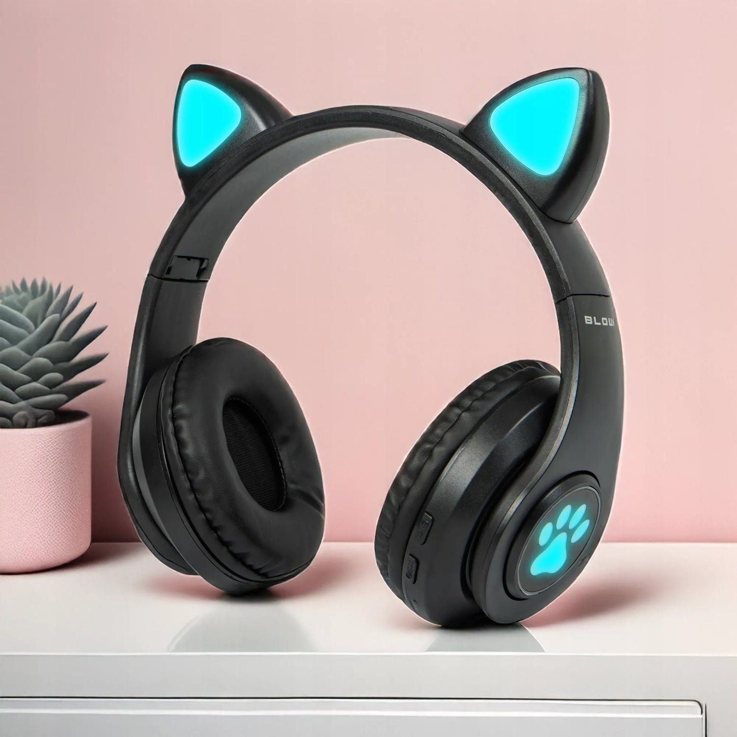 Belaidės ausinės vaikams Bluetooth, mikrofonas, katės ausytės, LED RGB