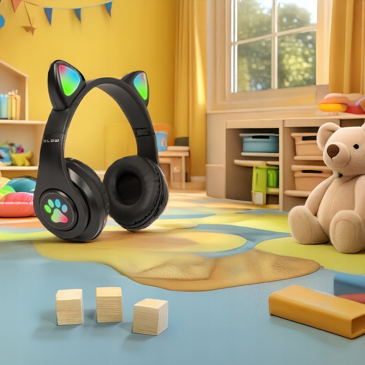 Belaidės ausinės vaikams Bluetooth, mikrofonas, katės ausytės, LED RGB