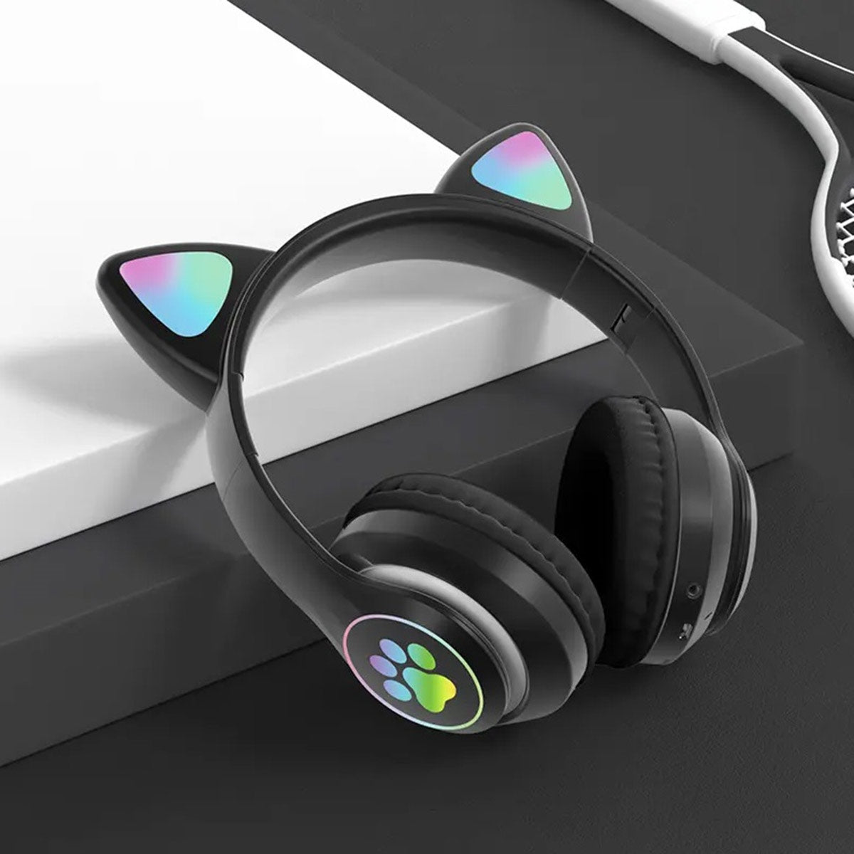 Belaidės ausinės vaikams Bluetooth, mikrofonas, katės ausytės, LED RGB