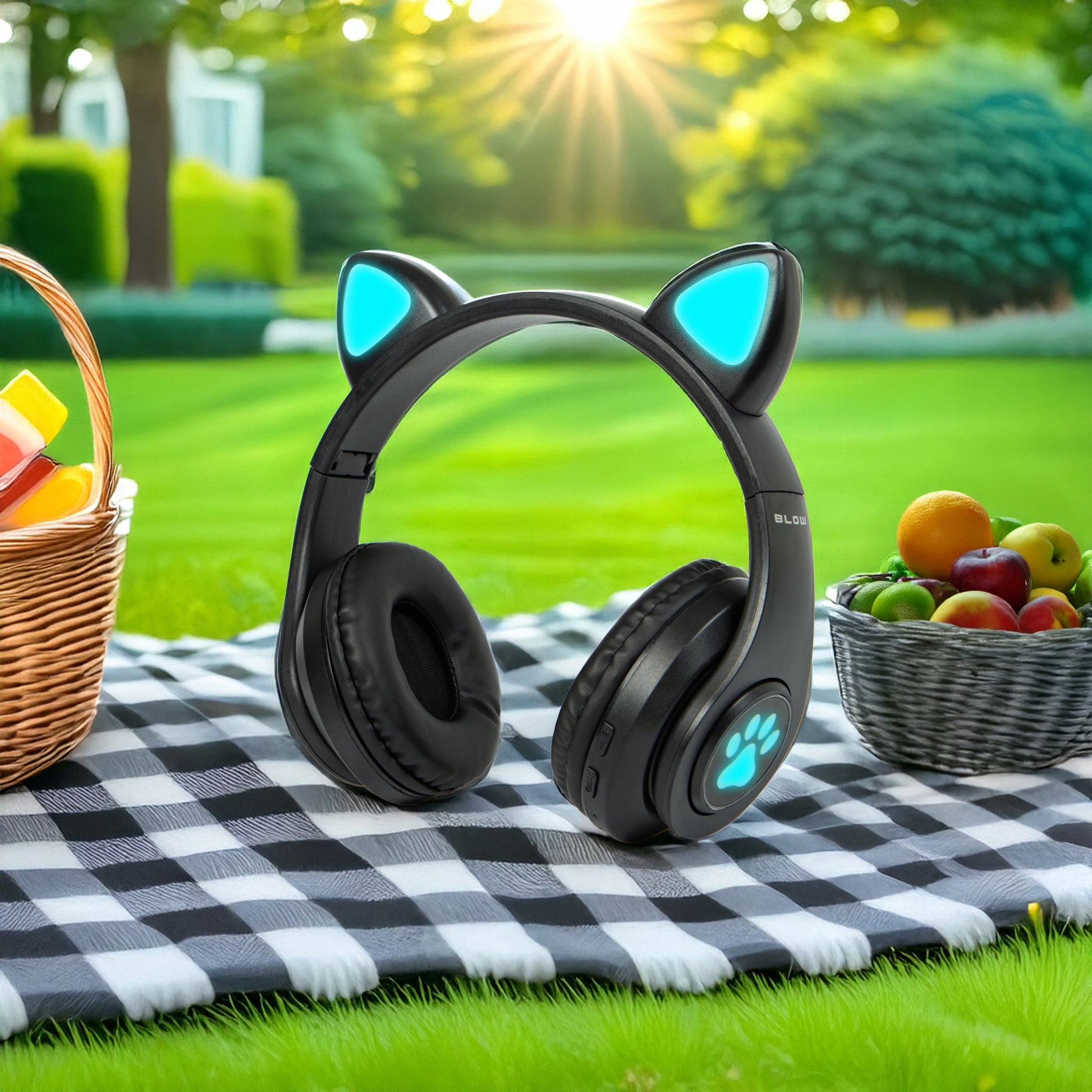 Belaidės ausinės vaikams Bluetooth, mikrofonas, katės ausytės, LED RGB