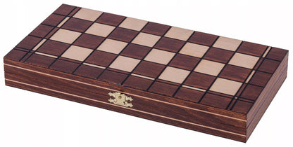 SQUARE - Kelioninis medinis šachmatų rinkinys KRÓLEWSKIE - 31 x 31 cm, degintas