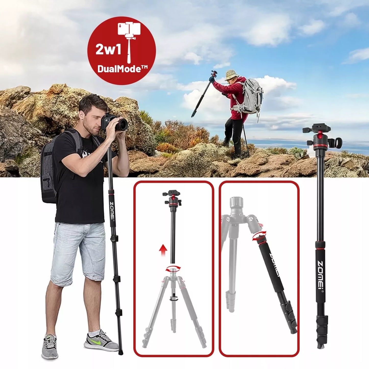 Aukštas fotografinis stovas 173 cm fotoaparatui, kamerai ir telefonui su 3D galvute