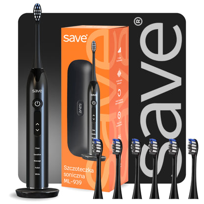 Elektrinis sonic dantų šepetėlis, įkrovimo bazė + 6 antgaliai, dėklas