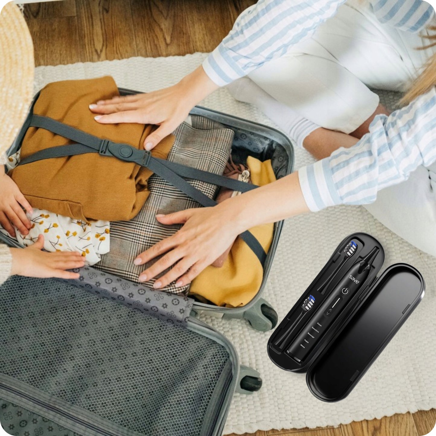 Elektrinis sonic dantų šepetėlis, įkrovimo bazė + 6 antgaliai, dėklas