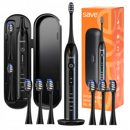 Elektrinis sonic dantų šepetėlis, įkrovimo bazė + 6 antgaliai, dėklas