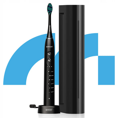 Elektrinis sonic dantų šepetėlis, atsparus vandeniui, su 6 antgaliais ir dėklu.