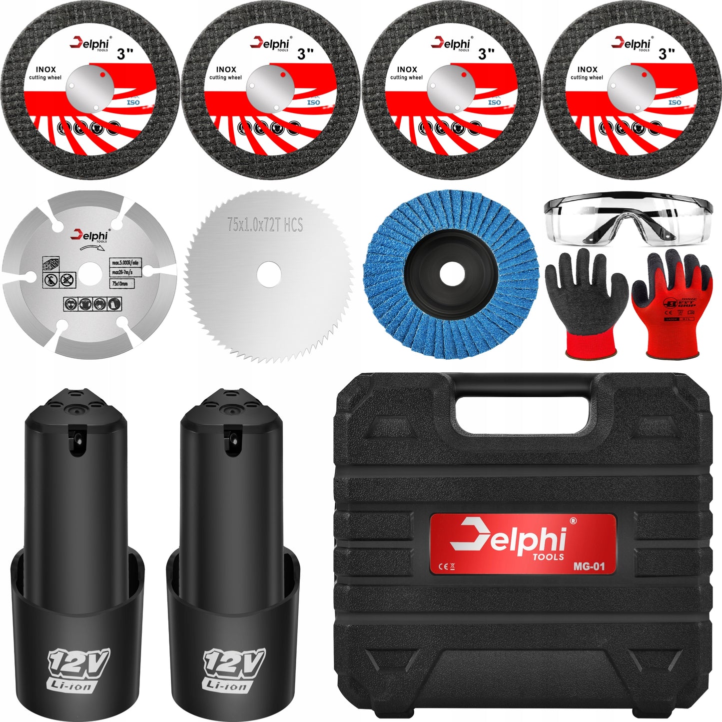 Mini Akumuliatorinis Kampinis Šlifuoklis su Bešepetėline Pavara, 2x Akumuliatoriai, 7x Šlifavimo Diskeliai