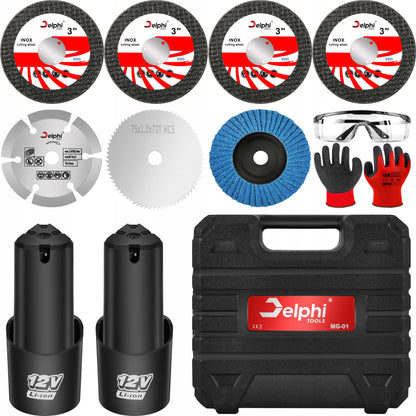 Mini Akumuliatorinis Kampinis Šlifuoklis su Bešepetėline Pavara, 2x Akumuliatoriai, 7x Šlifavimo Diskeliai