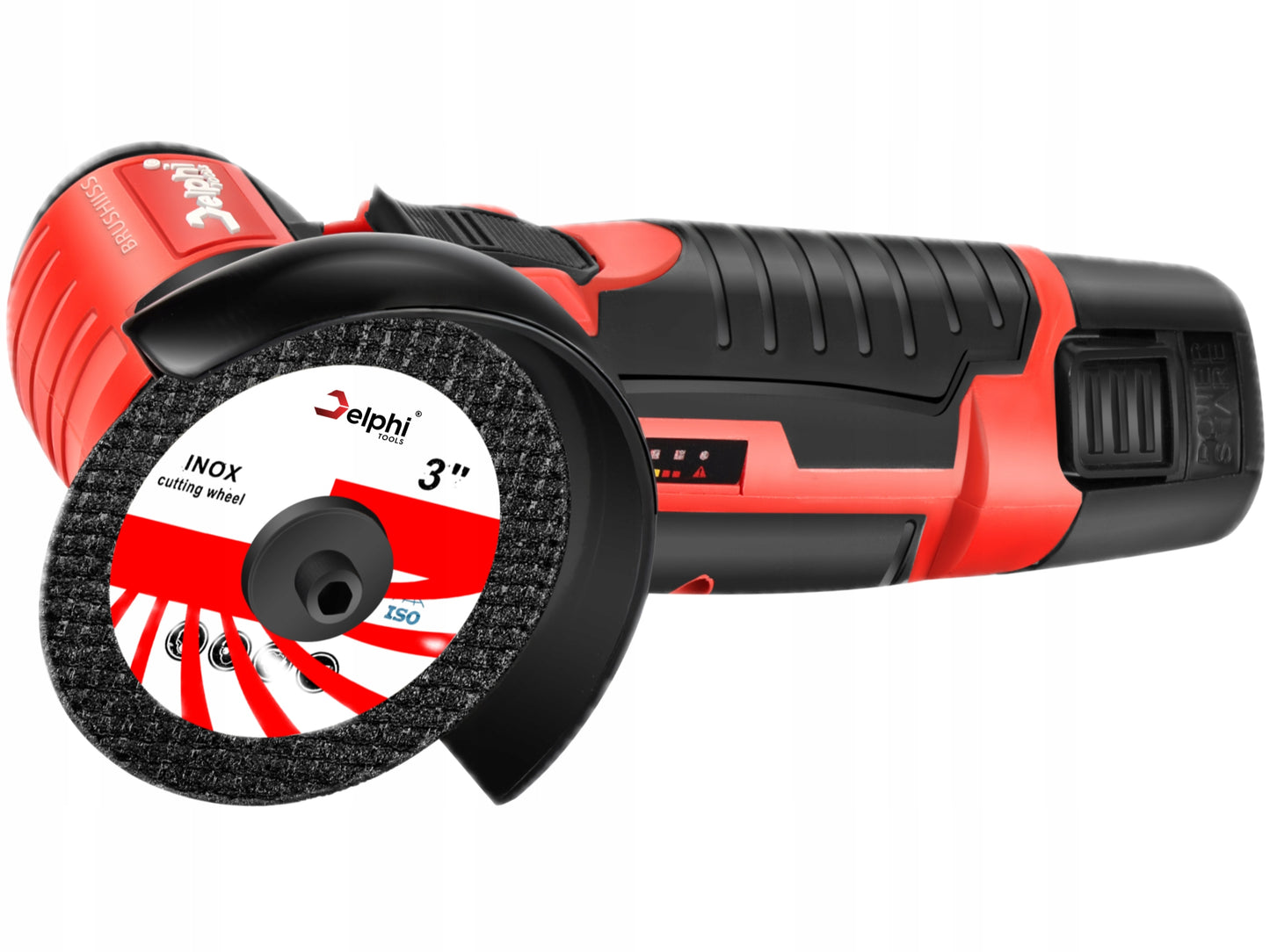 Mini Akumuliatorinis Kampinis Šlifuoklis su Bešepetėline Pavara, 2x Akumuliatoriai, 7x Šlifavimo Diskeliai