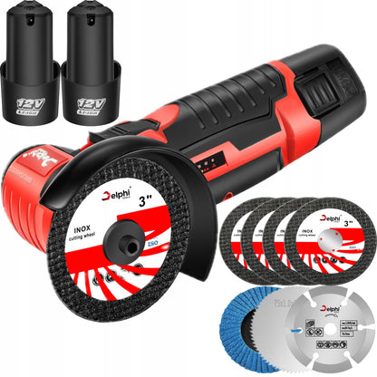 Mini Akumuliatorinis Kampinis Šlifuoklis su Bešepetėline Pavara, 2x Akumuliatoriai, 7x Šlifavimo Diskeliai