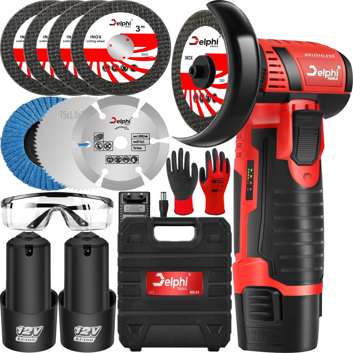 Mini Akumuliatorinis Kampinis Šlifuoklis su Bešepetėline Pavara, 2x Akumuliatoriai, 7x Šlifavimo Diskeliai