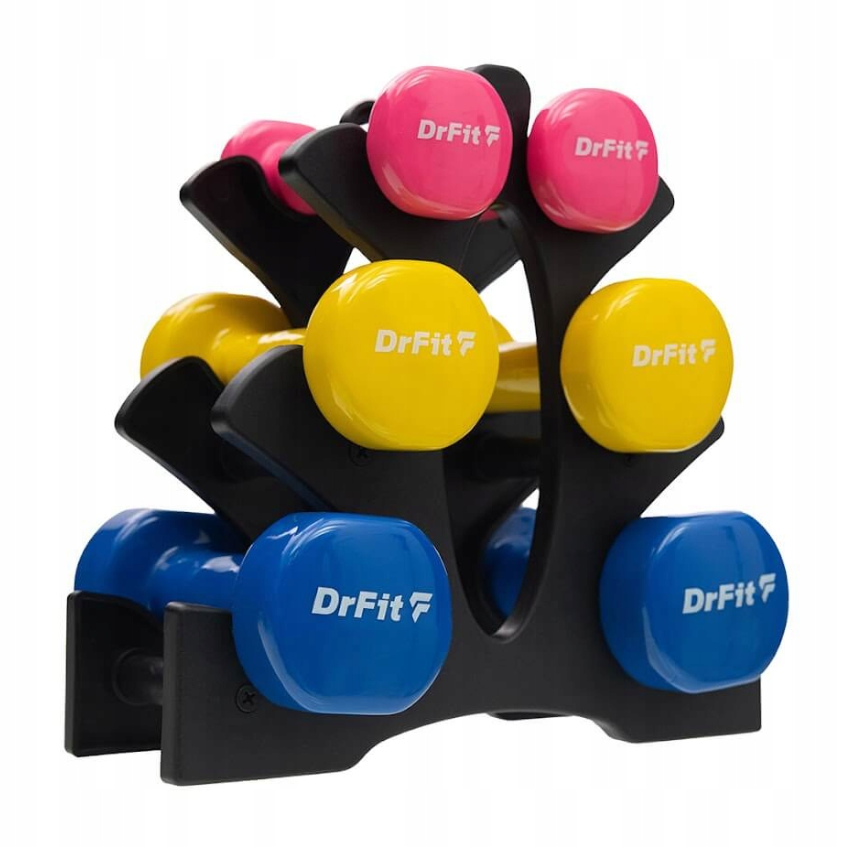 DrFit 12 kg profesionalus hantelių rinkinys (6 vnt.) su stovu