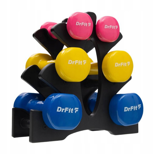 DrFit 12 kg profesionalus hantelių rinkinys (6 vnt.) su stovu