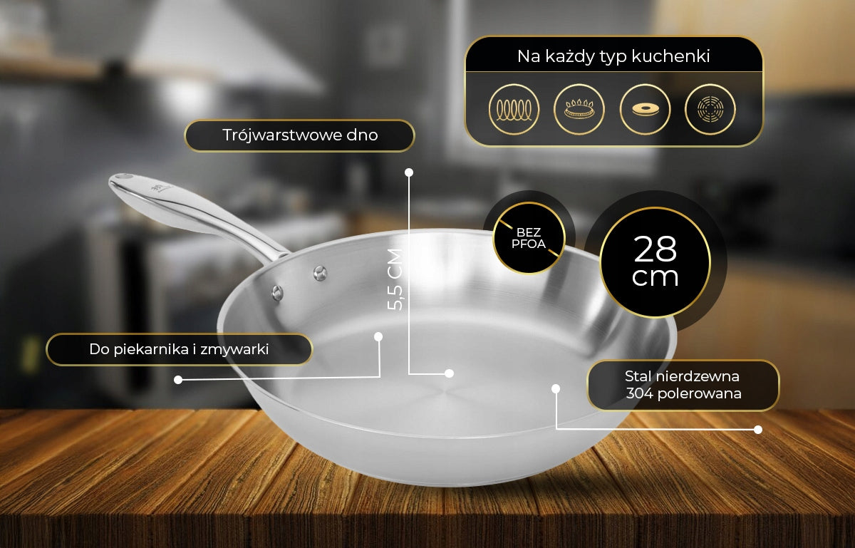 Shiori nerūdijančio plieno 304 keptuvė be dangos, skirta indukcijai, 28cm