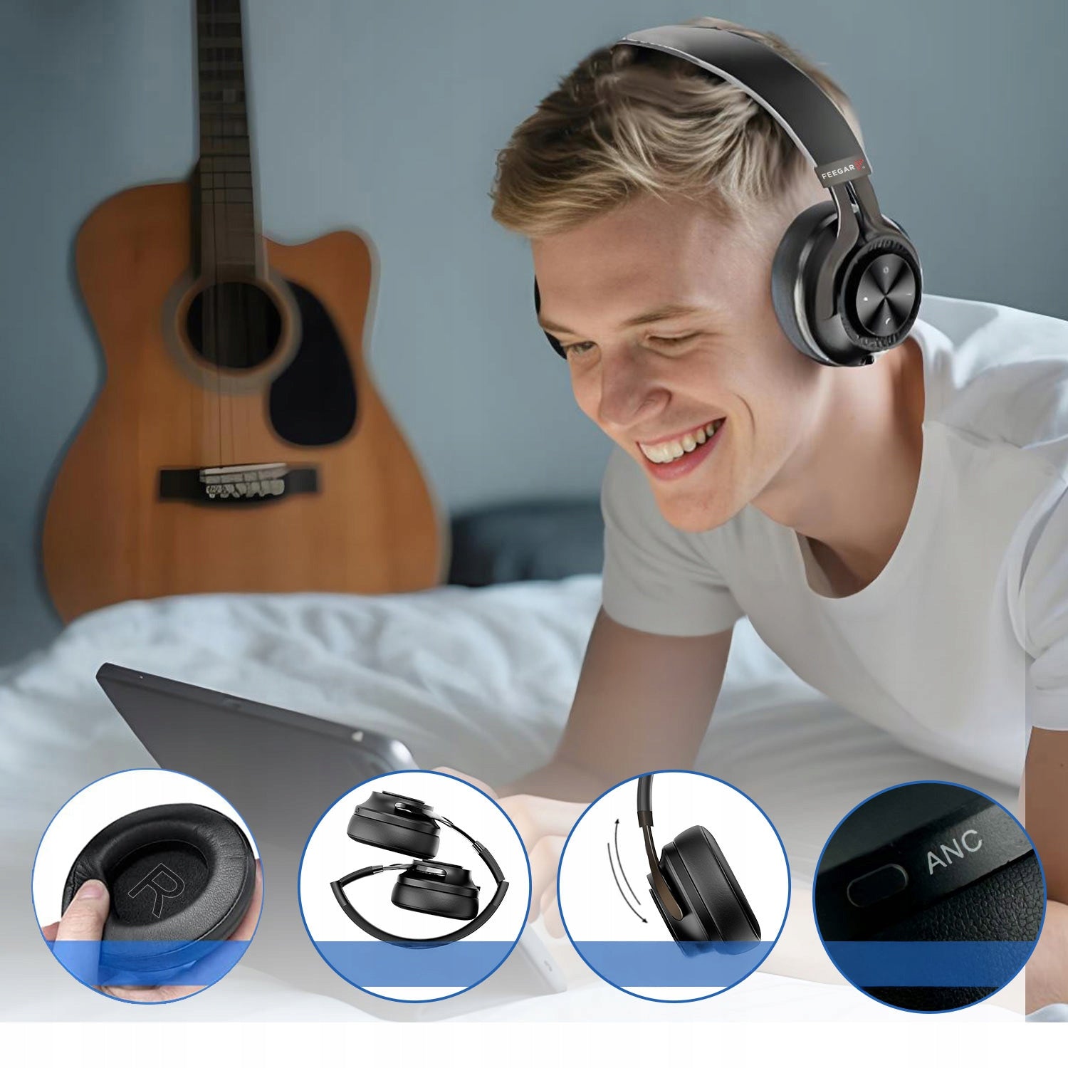 Belaidės ant ausų kabinamos ANC ausinės FEEGAR AlphaBeat 65H Juodos Bluetooth
