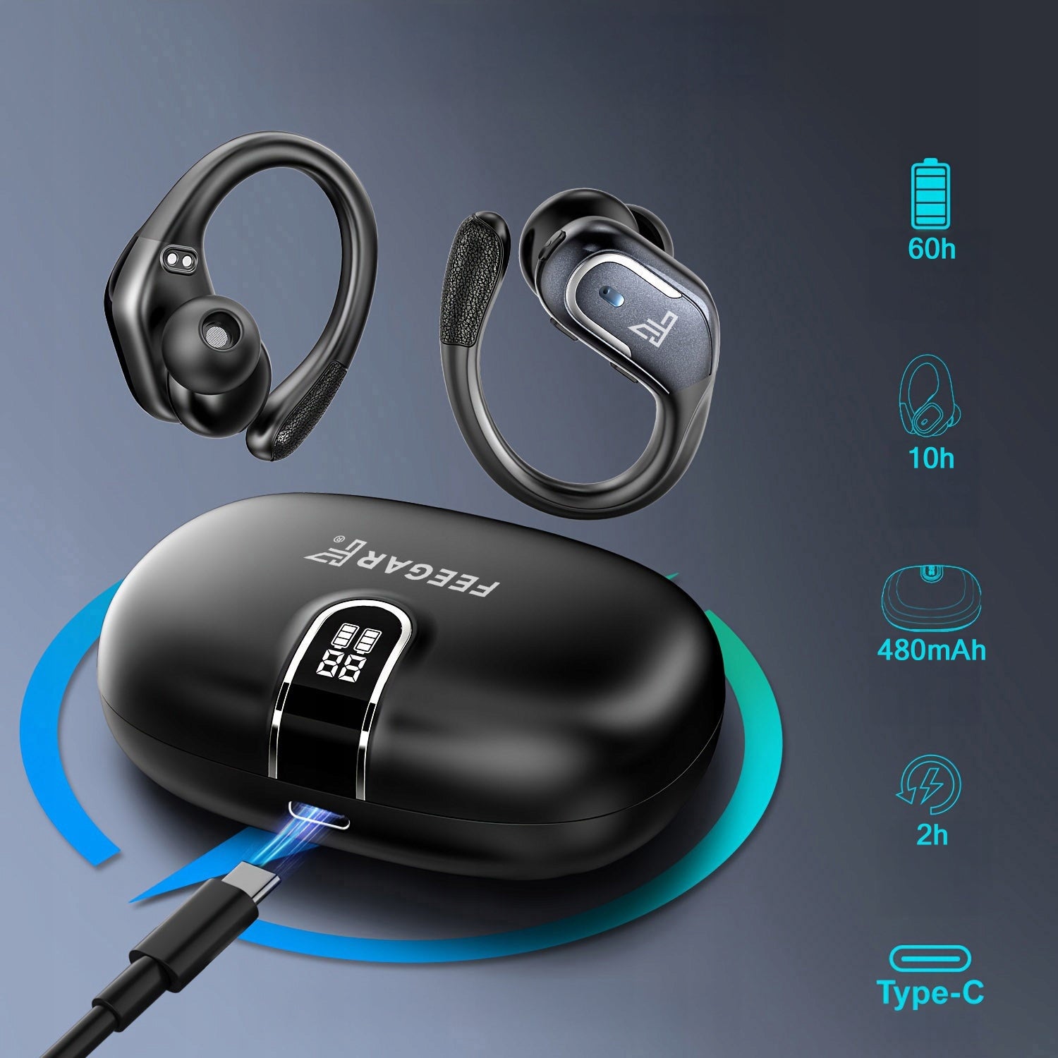 Belaidės ausinės FEEGAR SPORT Bluetooth 5.4 Baterija 70H Ausyse esančios IPX5