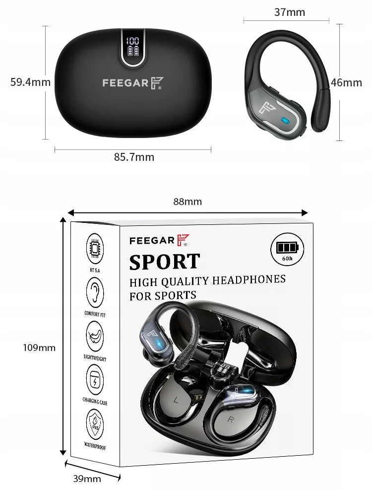 Belaidės ausinės FEEGAR SPORT Bluetooth 5.4 Baterija 70H Ausyse esančios IPX5