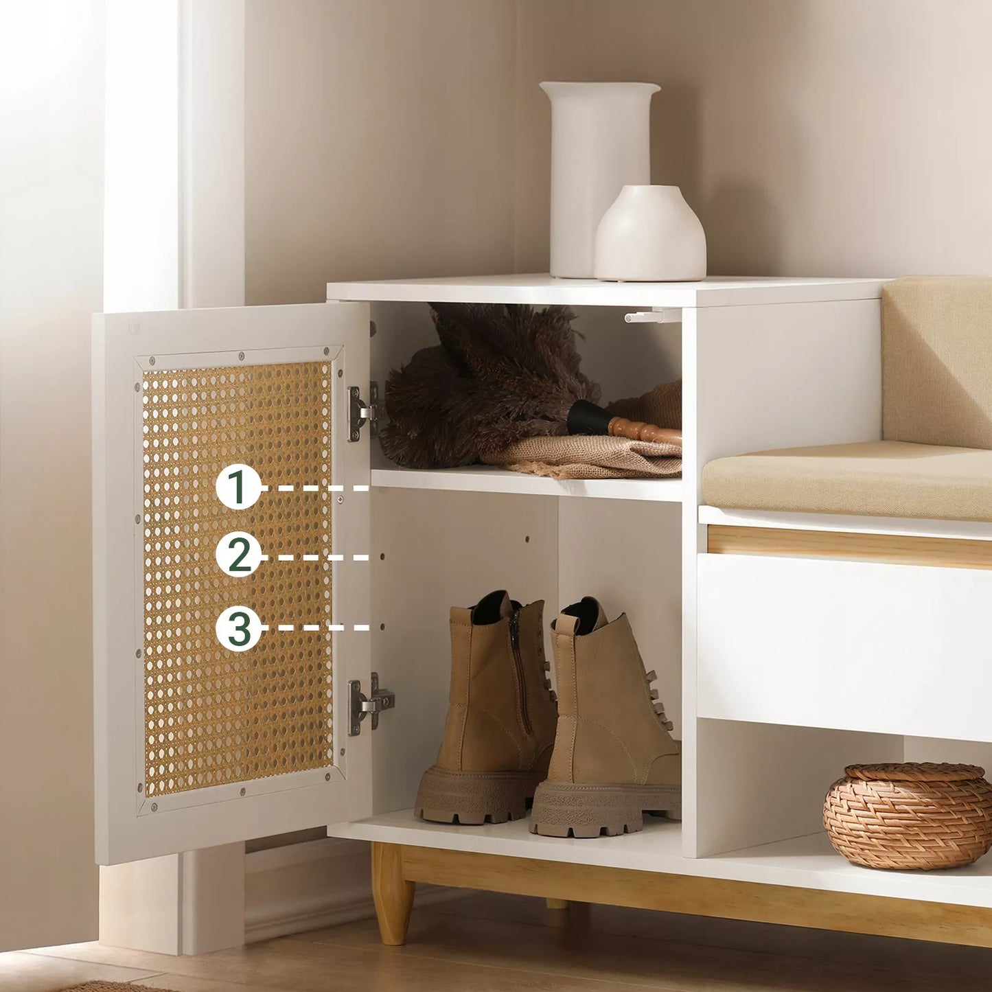SoBuy Baltas batų stovas su suoliuku, lentyna, sėdimoji vieta, smėlio spalvos FSR128-W