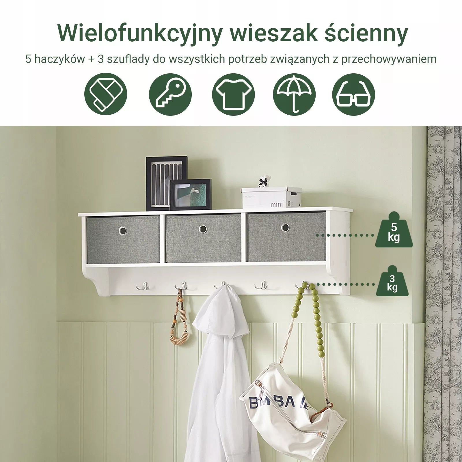 SoBuy Medinė sieninė lentyna su krepšeliais ir pakaba FRG282-W