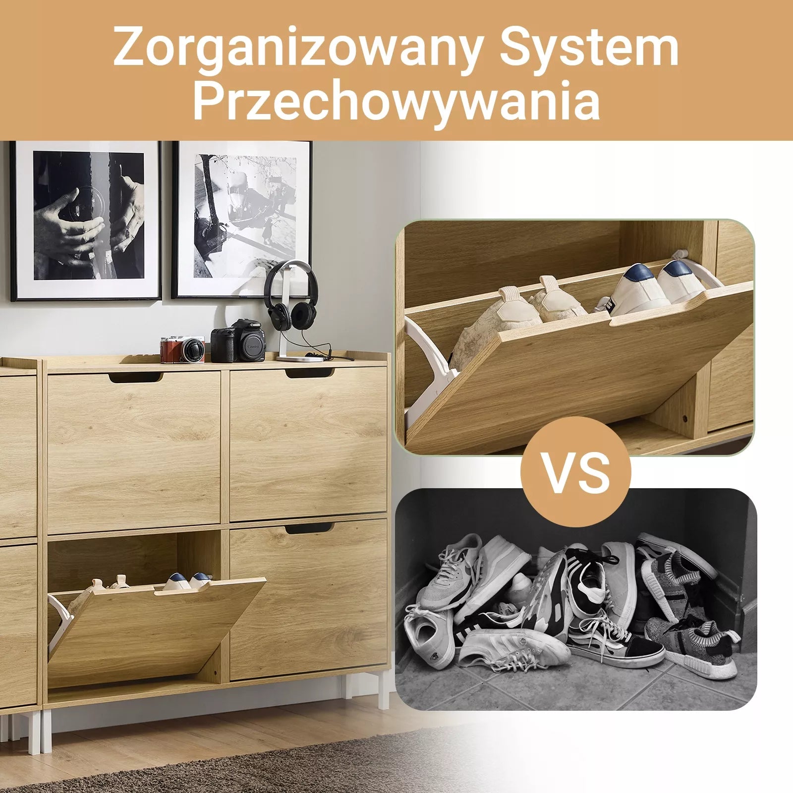 SoBuy Batų spintelė su 4 durelėmis ąžuolo spalvos komoda prieškambariui FSR100-N