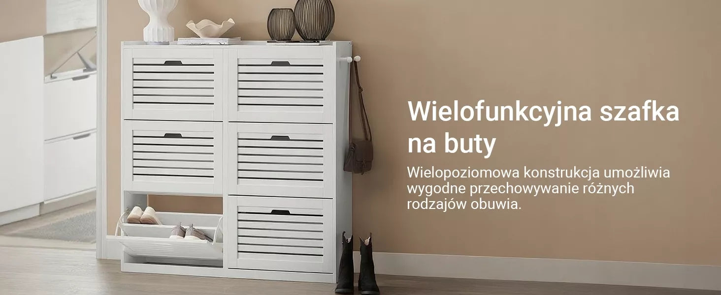 SoBuy Batų spintelė su atlenkiamomis durelėmis ir kabliukais prieškambariui, balta, FSR145-W