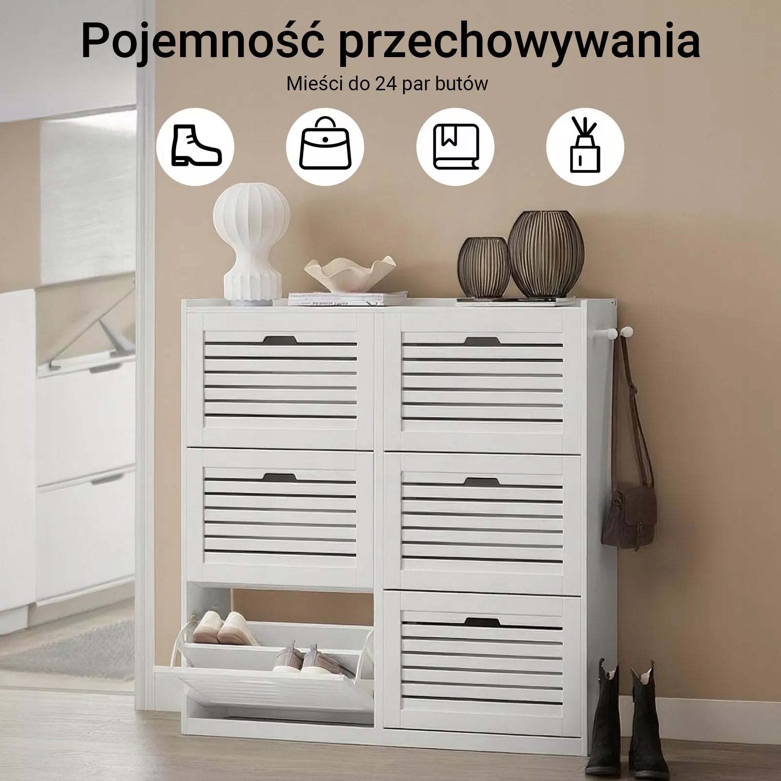 SoBuy Batų spintelė su atlenkiamomis durelėmis ir kabliukais prieškambariui, balta, FSR145-W