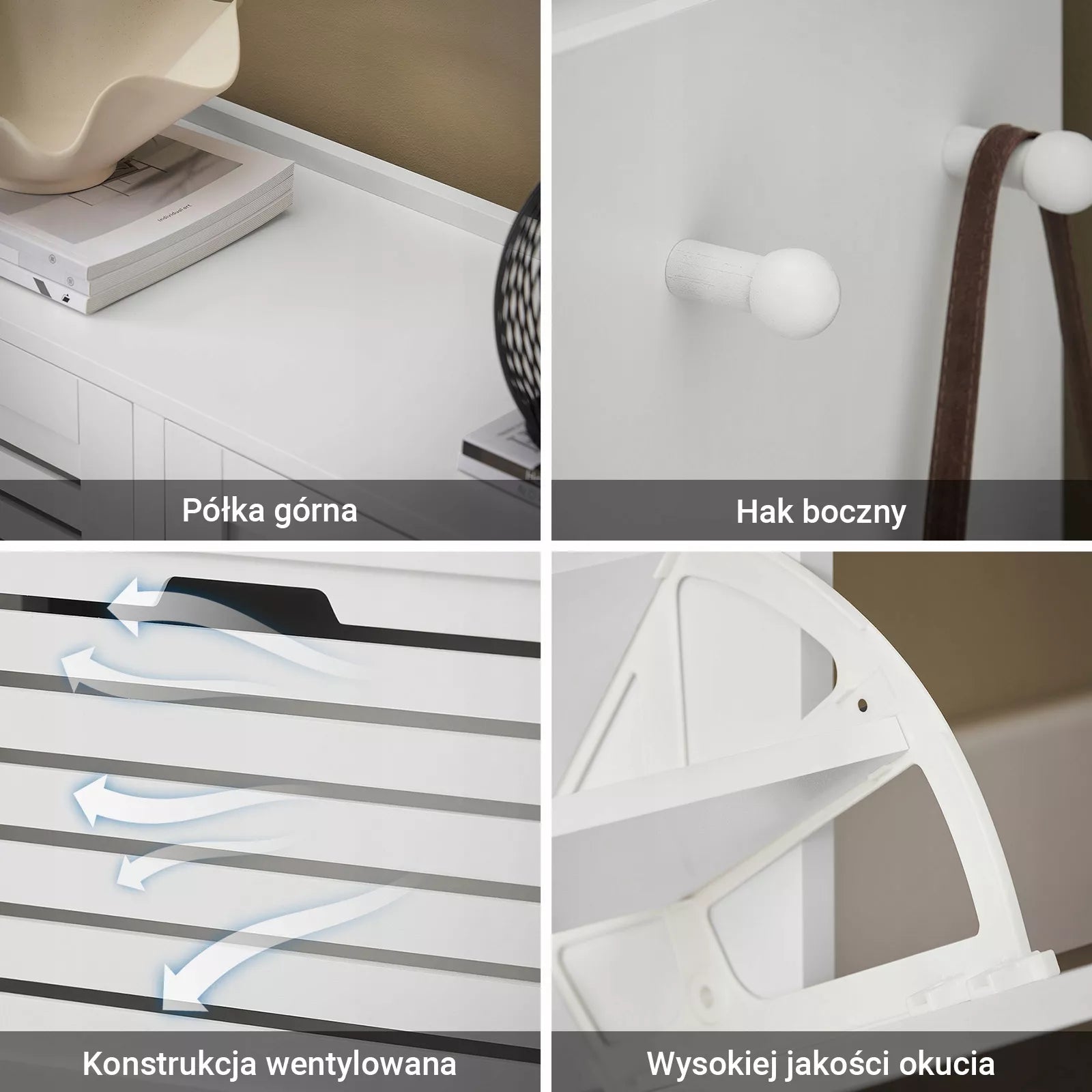 SoBuy Batų spintelė su atlenkiamomis durelėmis ir kabliukais prieškambariui, balta, FSR145-W