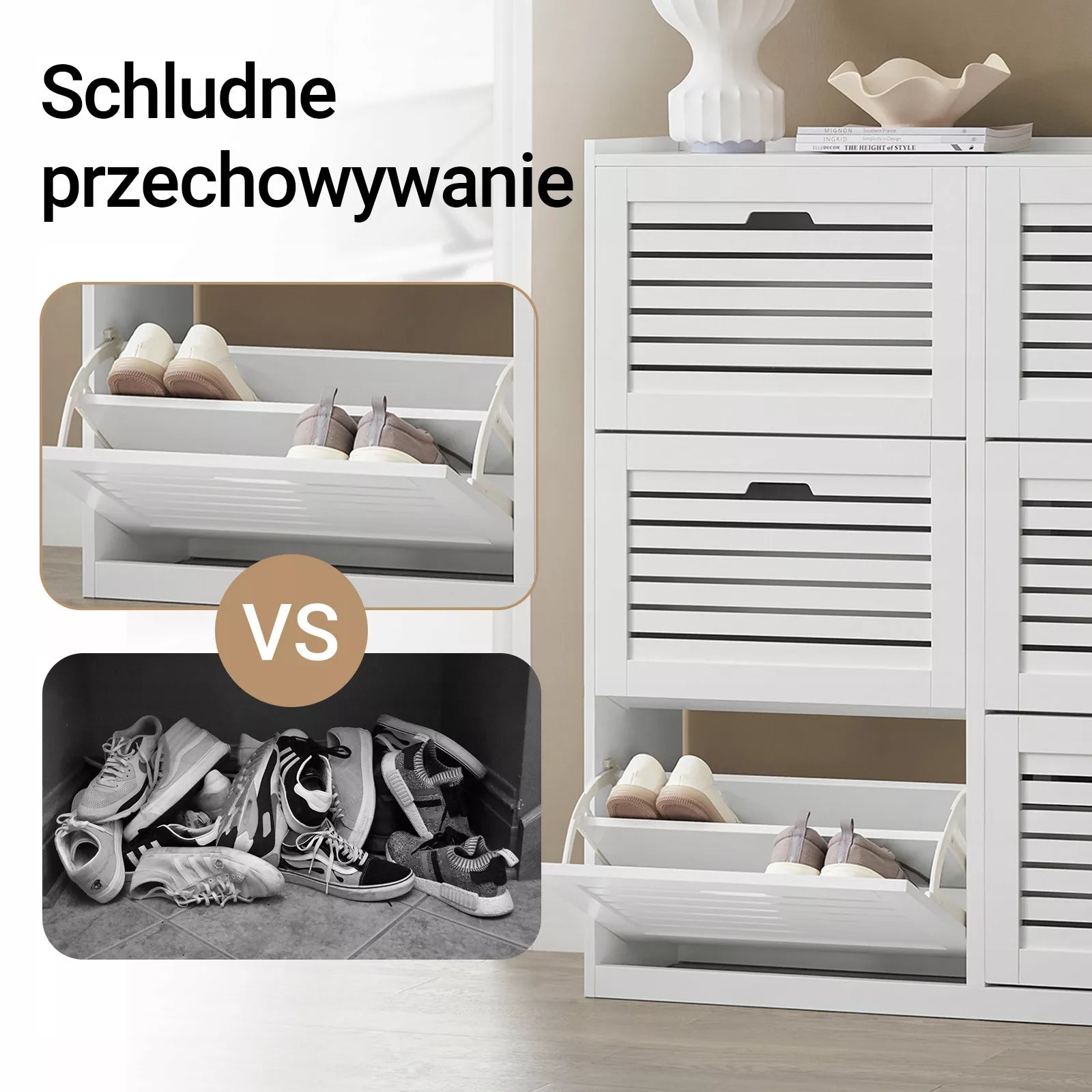 SoBuy Batų spintelė su atlenkiamomis durelėmis ir kabliukais prieškambariui, balta, FSR145-W